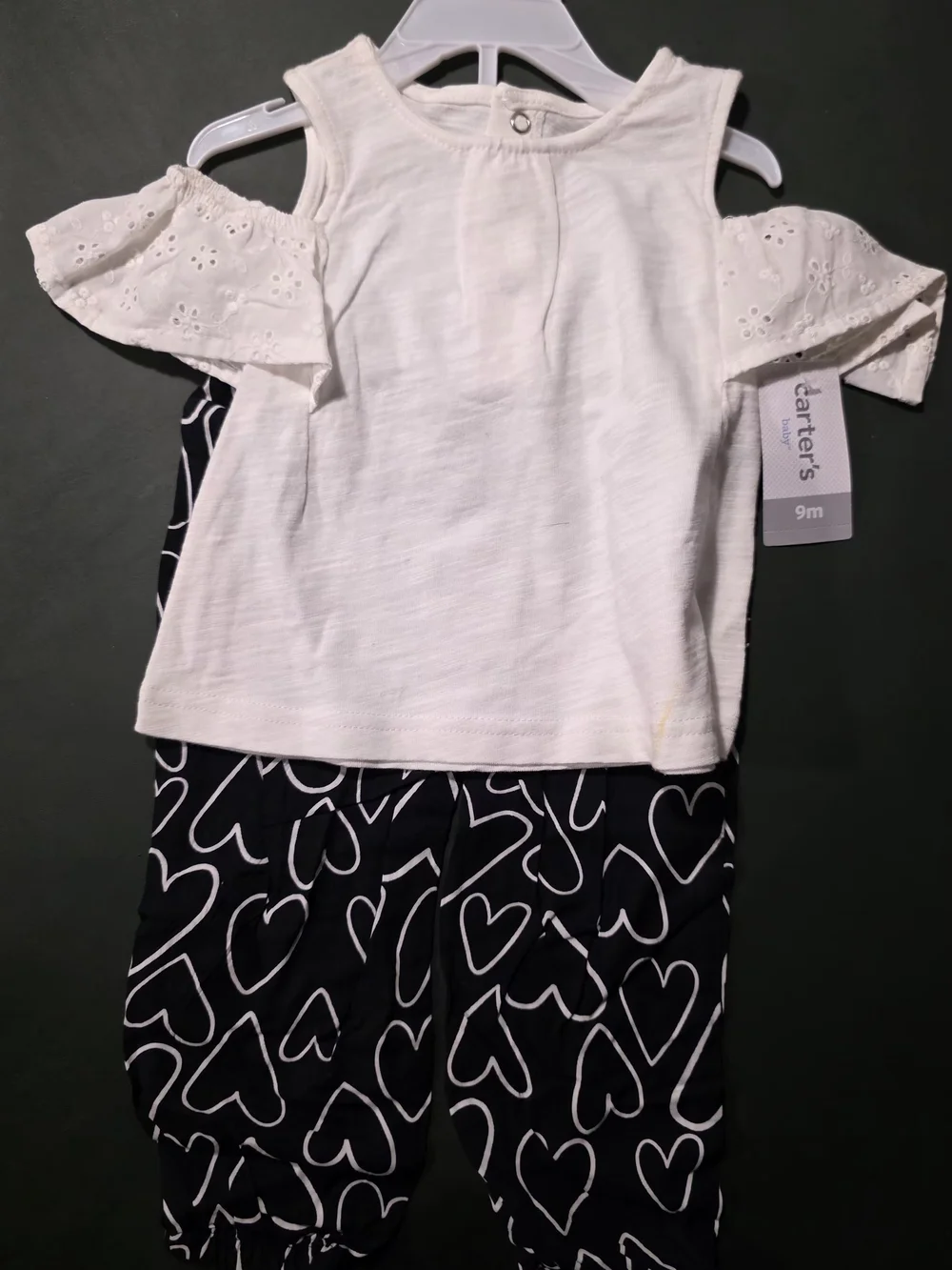 Carter's Baby Girls White Cold-Shoulder Top with Navy Heart Leggings - 9M